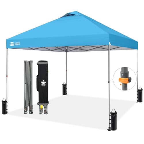 Image of CROWN SHADES Adjustable Height on The Fly, 10x10 Pop Up Canopy - Beach Tent with One Push Setup - Easy Outdoor Sun Shade for Events, Parties, Camping - Outside Shade with STO-N-Go Bag, Sky Blue