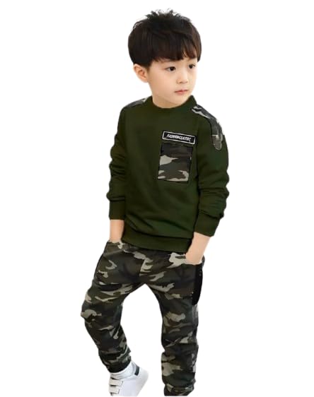 SNSD_Kids Cotton Lycra Blend Printed Army Dress T-shirt and Trouser Pant Set for Casual Wear For Boy's (ARMY DRESS)