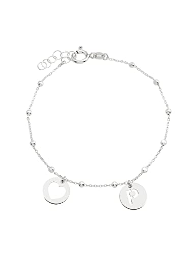 PlataJewels- Pulsera con Inicial y corazón Mujer Plata de Ley 925. Regalo Día de los Enamorados. Regalo Mujer Ideal para San Valentin.Pulsera de Bolitas Personalizadas con Letras a elegir A-Z