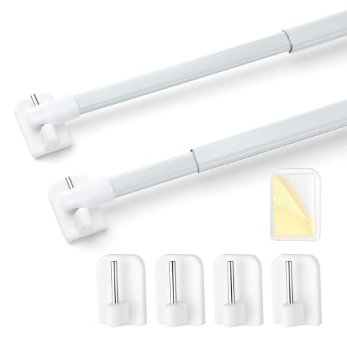 OIHCAZ 2 Pack Net Curtain Rods Extendable with 4Pcs Self-adhesive End Window Hook, Adjustable Net Curtain Rod No Drill for Kitchen, Windows, Bathroom, DIY Projects ((30-50CM/11.8-19.7Inch)