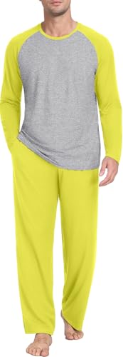 PrinStory Men's Pajamas Sets Sleepwear Pjs Lightweight Long Sleeve Crewneck Shirts and Bottoms Soft Comfy Sleep Sets Fluorescent Yellow M