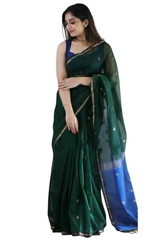 Image of ZECVA Women's Pure Soft Spun Cotton Lichi Silk Saree For Women With Attach Unstitch Blouse Piece