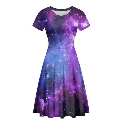 Image of Forchrinse Purple Galaxy Space Dress for Women 3D Galaxy Sexy Tunic Dress Loose Fit Short Sleeve Flowy Swing Dress A Line Tank Dress Skater Dress for Wedding Party, XX-Large