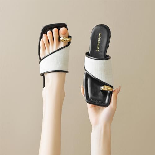 Womens Canvas Metal Toe Ring Memory Foam Dress Slippers Fashionable Comfortable Square Open Toe Flat Clip Toe Slides Sandals Casual Summer Vacation Party Slipper4