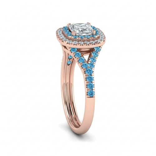 Image of Choose Your Gemstone Delicate Double Halo Diamond CZ Ring Rose Gold Plated Princess Shape Halo Engagement Rings Matching Jewelry Wedding Jewelry Easy to Wear Gifts US Size 4 to 12