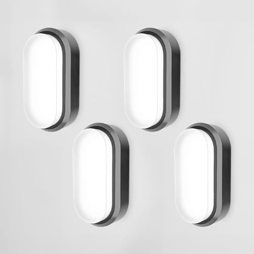 HOFTRONIC - Lote de 4 lámparas LED de bodega negra - 18 W 1830 lm - Aplique ovalado - IP54 - Aplique de pared - 6500 K blanco frío - Lámpara de techo para cuarto de baño bodega WC garaje taller