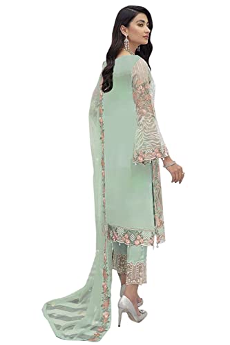 Miss Ethnik Women's Pista Faux Georgette Semi Stitched Top With Unstitched Santoon Bottom and Nazmin Dupatta Embroidered Straight Top Dress Material (Pakistani Salwar Suit) (ME-1096-Pista), Pista,