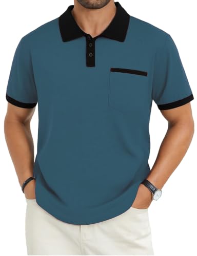 Image of Men's Casual Polo Shirts Summer Short Sleeve Contrast Collar Buttoned Tee Polo Shirt with Pocket
