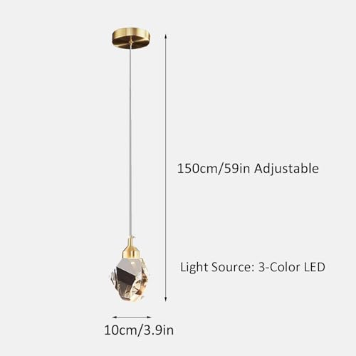 Sxtiger Modern Crystal Pendant Light, 3-Color LED Crystal Pendant Light, Adjustable Height Gold Ceiling Hanging Pendant Lamp, for Kitchen Island Bedroom Dining Room (Gold)