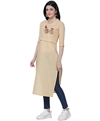 Image of EthnicJunction Women's Pinstripe Cotton Blend Cycle Embroidery with Ruffle Lace Work Straight Kurti
