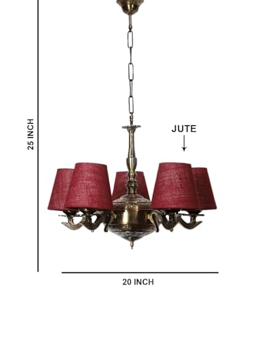 Image of Devansh 05 Lights Maroon Jute conical Shade with Antique Golden Chandelier