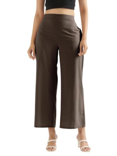 Image of SAADAA Women's Relaxed Fit Mid Rise Airy Linen Wide Leg Pants, High Waist Trousers for Formal, Casual & Office Wear