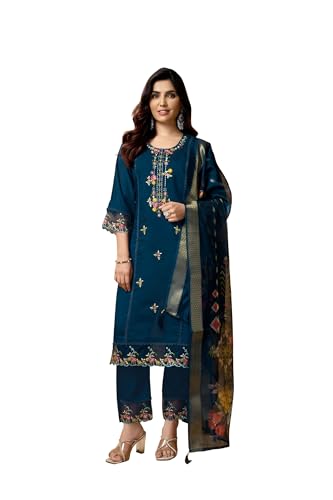 Image of Multi Embroid Kurta Set with Dupatta | Roman Silk Embroidered Kurta Set for Women | Women's Ethnic Casual Kurti Set |Kurta Pant Festive Suit