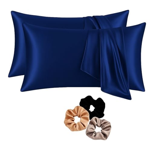 Image of Craftelio Satin Pillow Covers Set of 2 with 3 Free Random Color Hair Scrunchies - Anti-Frizz, Skin-Friendly, Soft & Durable Pillowcase Set for All Hair Types (Navyblue)