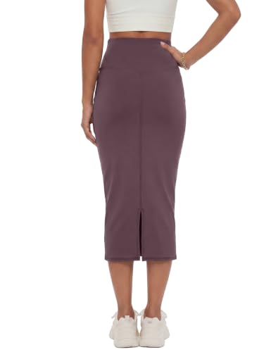 Image of Rooscier Women's High Waisted Pencil Midi Skirt | Stretchy Bodycon Knee Length Skirts with Back Slit