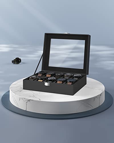 SONGMICS Horlogebox voor 10 horloges, horlogekast met glazen deksel, horlogekoffer, horlogekussen uitneembaar, fluwelen voering, metalen sluiting, cadeau-idee, PU-overtrek in zwart, binnenvoering in zwart JWB010B02 - Image 4