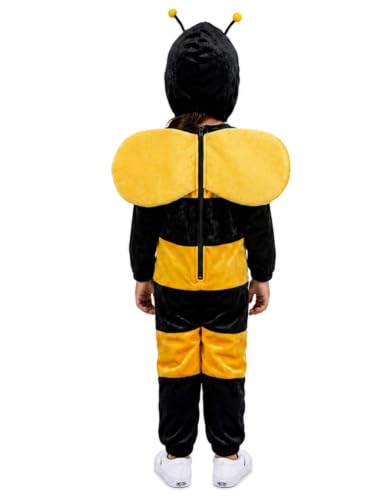 Image of BookMyCostume Kids Bumble Bee Costume - Velvet Honey Bee Insect Costume - Black Yellow Jumpsuit with Hood Antennae and Wings for School Annual Day, Fancy Dress, and Photoshoots | 3-4 Years
