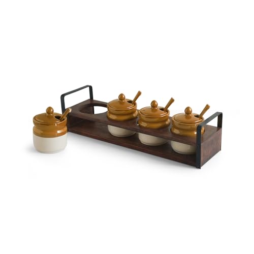 Image of ExclusiveLane 'Barni Tales' Ceramic Pickle Jars for Dining Table With Spoon & Wooden Holder (Set Of 4, Non-Airtight, 270 ml) |Pickle Jar With Spoon Achar Jar Set Achar Container Set for Dining Table|