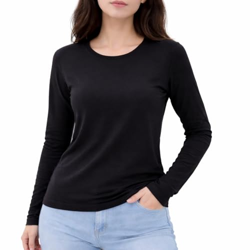 FIL Women's Long Sleeve Thermal Fleece Crew Neck Soft Stretch Plain Color T-Shirt [Size: 18] [Colour: Black]