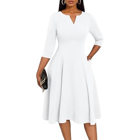 Nmoder Midi Dresses for Women A-Line Fit and Flare Casual Dress 3/4 Sleeve V Neck Cocktail Wedding Guest Work Dress with Pockets White L Cover