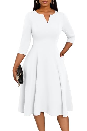 Nmoder Midi Dresses for Women A-Line Fit and Flare Dress 3/4 Sleeve V Neck Cocktail Wedding Guest Work Dress with Pockets