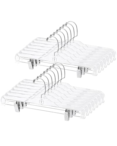 AMKUFO Pants-Hangers-with-Clips-30-Pack, 14 Inch Clear-Plastic-Skirts-Hangers-with-Adjustable-Clips for Shorts Jeans Trousers, Clothes-Hangers Non-Slip Clip-Hangers