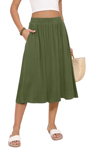 MLXSJ Women's Midi Skirt Summer Flowy Elastic High Waisted Casual Pleated Skirts with Pockets (Olive Green, M)