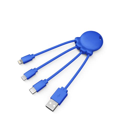 Xoopar Câble Multi USB 4 en 1 Chargeur Universel - Résistant avec Micro USB - USB - USB C - Lightning pour Smartphone et iPhone Cable Octopus (Bleu)