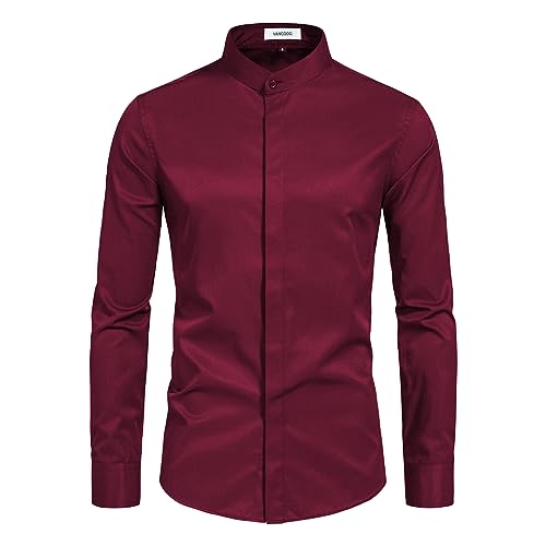 VANCOOG Young Men's Mandarin Collar Cotton Blended Casual Long Sleeve Button Down Elegant Party Shirt-Wine Red-M