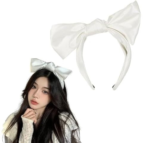 AIUPUOC White Bow Headbands for Women French Big White Hair Bows Silky Fabric Design Hair Band Accessories 1Pcs Cover