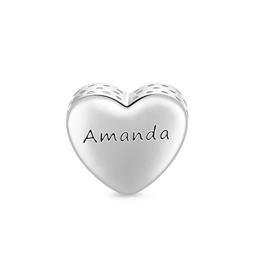LONAGO Personalized Engraved Name Heart Charm 925 Sterling Silver Fit Snake Bracelet Necklace Customized Handwriting Bead for Women Mom (Style 3 - Silver)