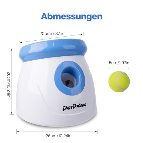 Pet Prime Automatische Ballwurfmaschine für Hunde mit 3 Distanzen (3m-9m) Inkl. 3 Robusten Tennisbällen (5cm) Ideal für Kleine Hunde (Mini-Werfer)
