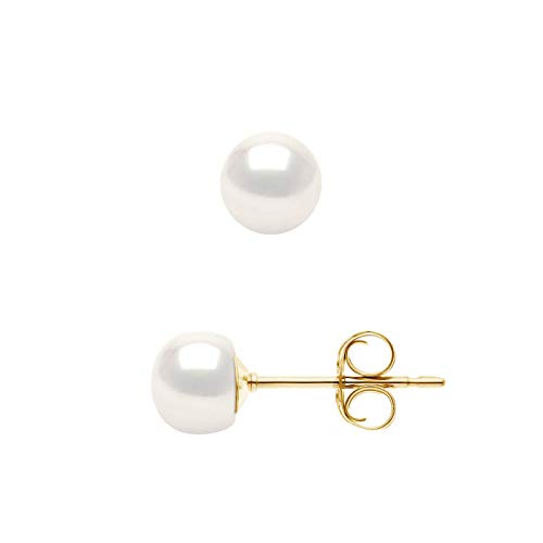 Pearls & Colors - Boucles d'Oreilles - Véritables Perles de Culture d'Eau Douce Boutons - Blanc Naturel - Qualité AAA+ - Or Jaune - Bijou Femme