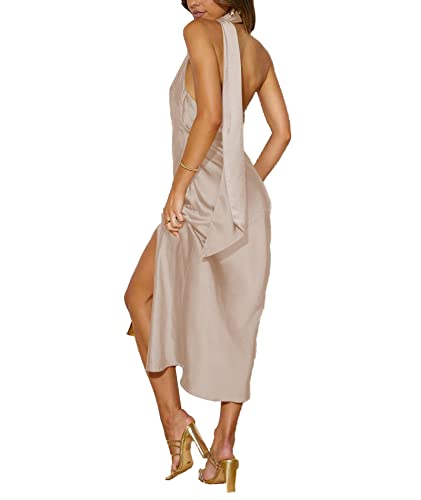 Image of Sexyshine Women's Elegant Halter Tie Neck Sleeveless Satin Long Dress Backless Split Cocktail Party Formal Wedding Maxi Dress
