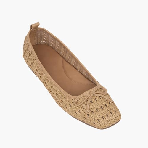 Mesh Raffia Ballet Flats for Women Mary Jane Flats Bows Woven Ballerina Brown Slip on Square Toe Dressy4