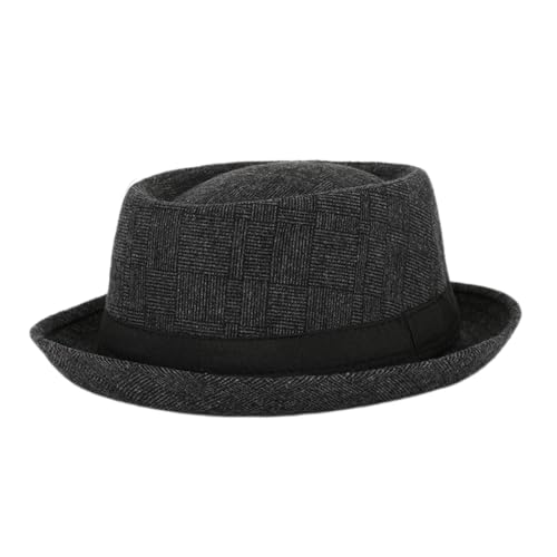 HEYANN Pork Pie Hut für Herren Karierter Tweed Pork Pie Hut Fedora Huts mit kurzer Krempe Runde Krone Retro-Flachmütze Rollrandhut für Strand Partyhut (58cm schwarz)
