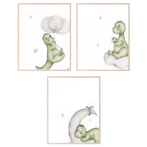 Image of BigWig Prints - Dinosaur Nursery Posters, Dino Room Decor for Boys, Dino Wall Art for Toddlers and Baby Boys, Dinosaur Bedroom Decorations, Cute Prints for Kids - Unframed Set of 3 (8x10)