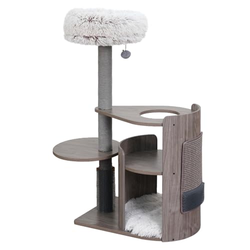 PetPals® Cullen Mid-Century 4-Level Cat Tower with Laminated Wood Frame, Recycled Paper Rope Scratching Posts, Sisal Mat, Soothing Massager, Sustainable Cat Furniture(Taupe)