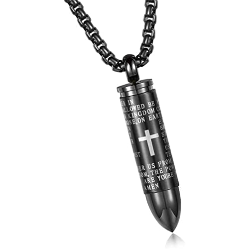 LiFashion Bullet Pendant Urn Ashes Necklace Cremation Urn Pendant Bullet Charm Stainless Steel Cross Lords Prayer in English Cremation Jewelry Ash Memorial Keepsake Gift for Men