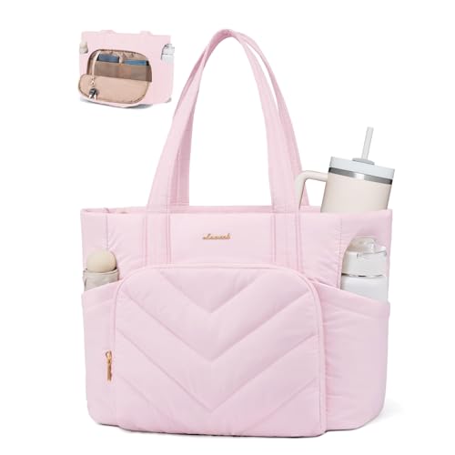 LOVEVOOK Shopper Tasche Handtasche Damen Groß, Leicht Puffer Arbeitstasche mit großem Wasserflaschenfach, 15,6 Zoll Laptoptasche Tote Bag, Lehrertasch Handbags Women für Uni Schule, Hellrosa