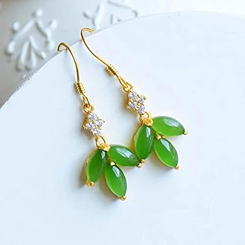 Silver Ancient Gold Craftsmanship Inlaid Natural Hetian Jasper Horse Eye Inlaid Zircon Green Earrings Luxury Ladies Jewelry Cover