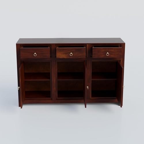 Image of Solid Sheesham Wood Sideboard Cabinet Storage with 3 Door & 3 Drawer Wooden Storage Organizer Cabinet for Home Kitchen Living Room Bedroom Hallway Dinning | Walnut Finish | Pre-Assembled