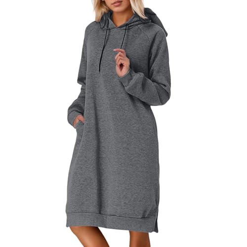 Image of Casual Hoodie Dress for Women Split Hem Long Sleeve Pullover Tunic Top for Daily Winter Women Sweatshirt, GY2, M