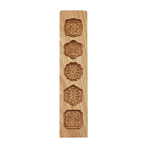 Mould Press,5 Flower Environmental Wooden Muffin and Mooncake Cups Handmade Soap Molds Biscuit Chocolate Ice Cake Candy,Cake Pans,Baking Decoration Cutter Mold 12.5" Wood Color Cover