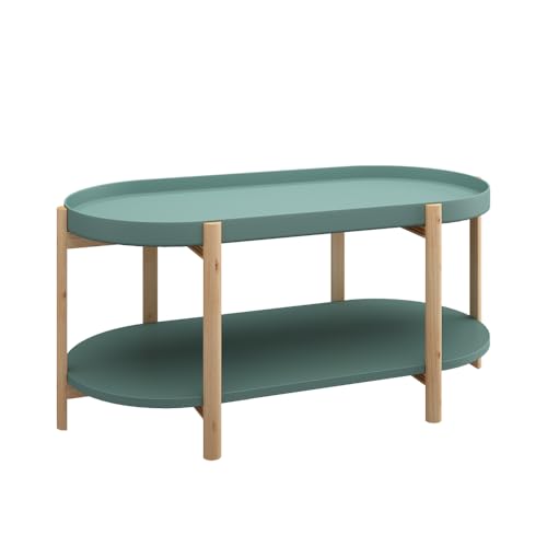 Vicco Couchtisch Milo, Mintgrün/Holz, 96 x 45 cm Oval, mit Ablage