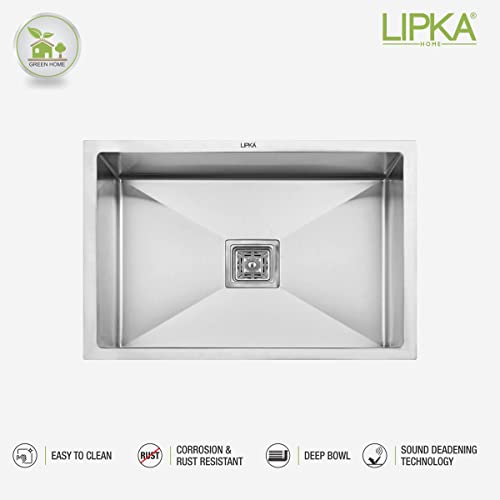 Image of LIPKA Silver Range Premium Stainless Steel - Handmade Single Bowl Kitchen Sink (24 inchx18 inchx10 inch) |Matte Finish with Waste Pipe & Sink Coupling