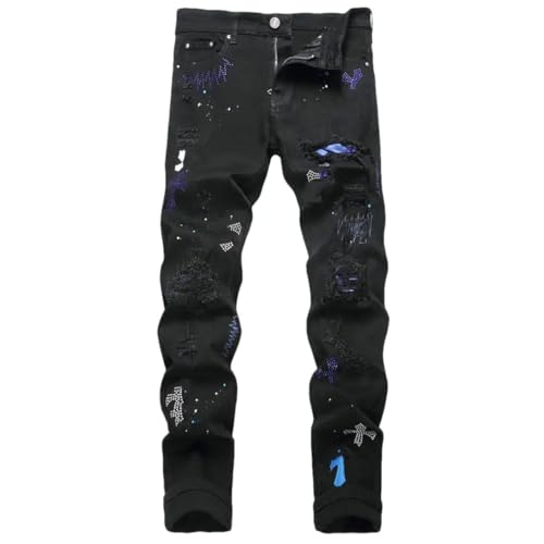 Men's Jeans with Distressed Patches Elastic Slim Fit Leggings Pants