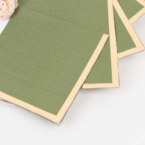 Efavormart 50-Pack 5x5 Inch Olive Green Paper Beverage Napkins with Gold Foil Edge, Soft 2-Ply Highly Absorbent Cocktail Napkins for Rustic Receptions