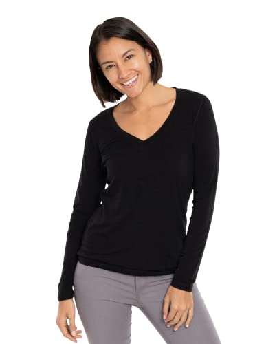 Woolly Clothing Women's Merino Wool Long Sleeve V-Neck - Ultralight - Wicking Breathable Anti-Odor - Black #TOP6