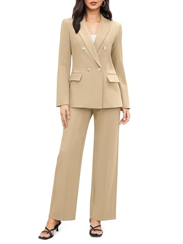 Casly Lamiit Two Piece Business Casual Outfits for Women Long Sleeve Dressy Blazer Set Wide Leg Pants Suit Formal Work Clothing Khaki L